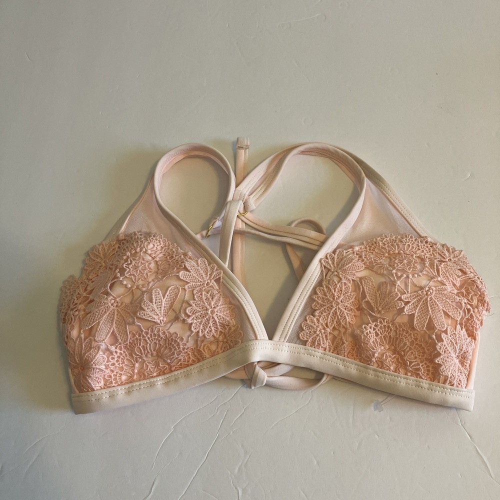 Xhilaration Bikini Top Womens XS Peach Pink NWT Embroidered Lace Strappy C802